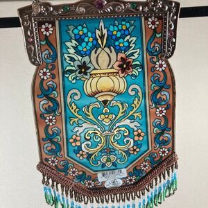 AMIA Denver Vintage Hand Painted Victorian Purse Suncatcher Teal Fringed Beaded‎